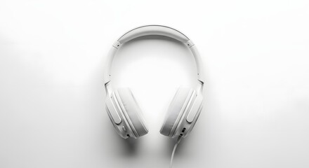 A pair of white over ear headphones laying on a white surface in a studio shot from above angle view