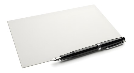 A blank white sheet of paper with a black fountain pen lying diagonally across the paper surface