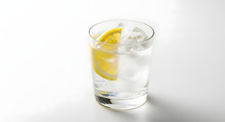 A clear glass filled with ice water and a lemon slice on a white surface in a bright setting