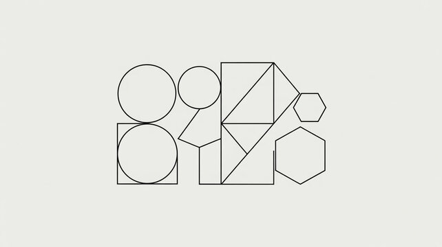 A minimalist composition of various geometric shapes including circles squares hexagons and triangles arranged in a modern abstract pattern on a neutral background