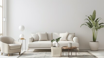 Fototapeta premium Elegant cream-colored furniture set including sofa, chair, table and cabinet enhancing modern home interior with soft neutral tones, bringing warmth and sophistication to living room