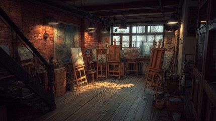 Rustic brick wall studio with warm wood flooring bathed in soft lighting creates a cozy atmosphere for creative activities