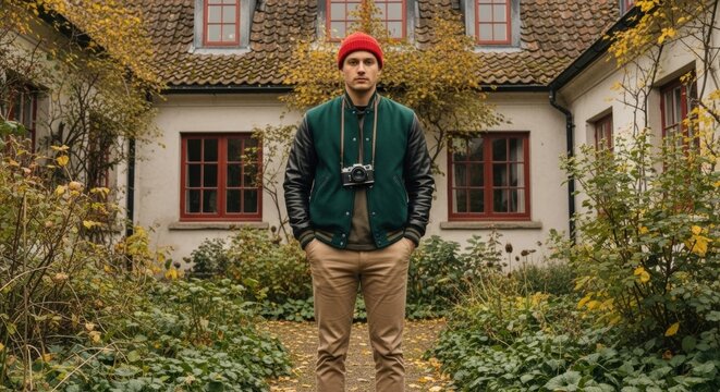 Young adult Caucasian male photographer with a vintage camera. Stylish hipster lifestyle in an autumn urban garden. Creative professional enjoying a hobby. Men's fall fashion concept