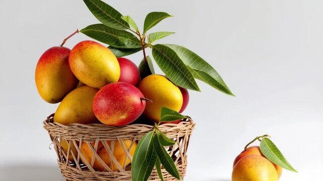 Ripe fresh mangoes with green leaves in a woven basket on white background, copy space