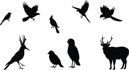 Bird and deer silhouettes, flying birds, antlered bird, wildlife icons, black vector, animal shapes, nature symbols, graphic set, surreal theme