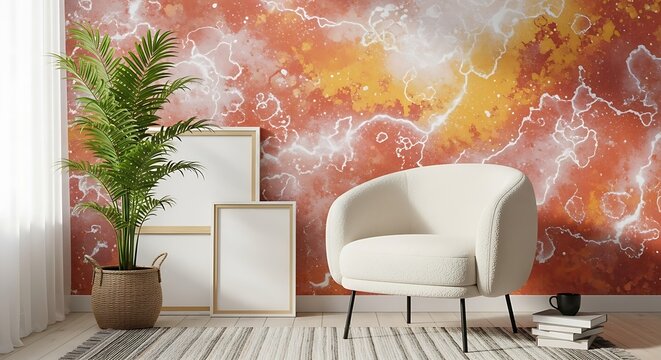 Cozy living room corner with a plush armchair, potted plant, and abstract orange and yellow wall art mockup background - Powered by Adobe