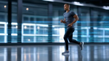 A fit young man jogs confidently in a sleek, high tech gym with glowing blue motion streaks, symbolizing energy and progress. The scene captures modern training and digital fitness trends - Powered by Adobe