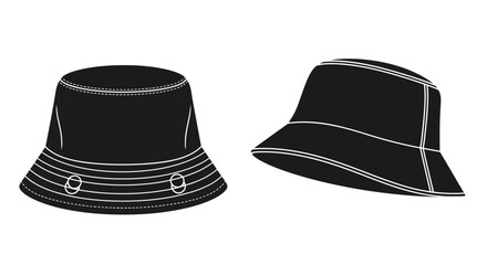 a pair of stylish black bucket hats with white stitching details