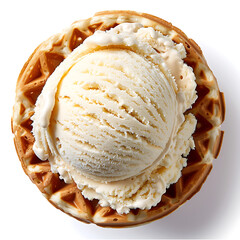 Top view of a waffle with a large scoop of vanilla ice cream on a white surface