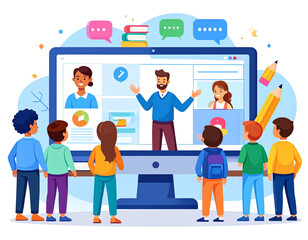 Cartoon Online Learning Scene with Teacher on Screen and Students Watching, Vector Style PNG