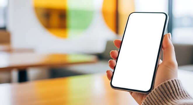 Hand holding a smartphone with a blank white screen in a cafe with blurred background and wooden tables mockup background