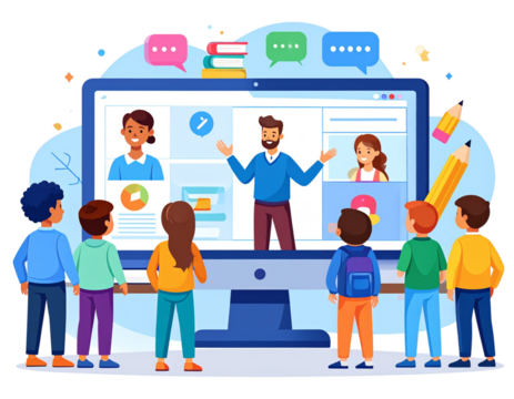 Cartoon Online Learning Scene with Teacher on Screen and Students Watching, Vector Style PNG
