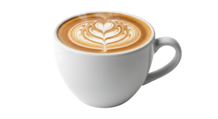 Delicious heart shaped latte art coffee drink in a white mug on black background