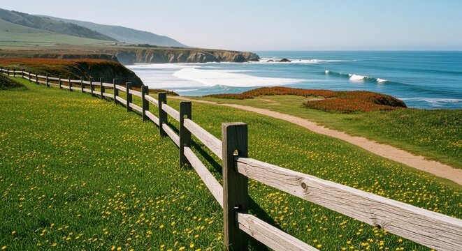 Rustic wooden fence along a vibrant green meadow with wildflowers. Scenic coastal view with ocean waves and cliffs. A dirt path for hiking and exploration. Summer travel and vacation concept