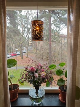 Cozy window view with indoor plants and a flower bouquet in a glass vase, warm pendant lamp hanging above, and autumn trees outside