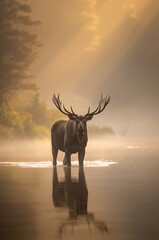Majestic moose standing in serene water with stunning reflection, bathed in golden sunlight during a misty morning