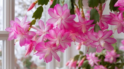 Schlumbergera truncata - Thanksgiving cactus or Crab cactus with bright pink flowers by the window start blooming in winter