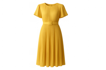 Yellow pleated midi dress with short sleeves and belt, modern elegant women's fashion garment