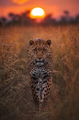 Majestic leopard walking towards camera during stunning sunset, capturing the beauty of the African wilderness