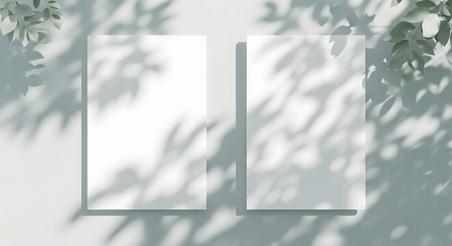 Two blank white paper sheets casting leaf shadows on a light gray wall mockup background - Powered by Adobe