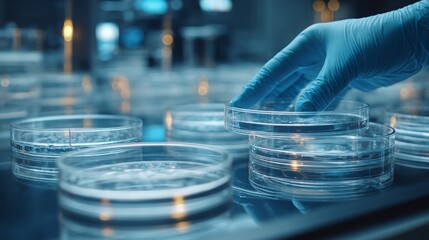 Scientist analyzing petri dish with controlled growth standards in laboratory environment close-up view of microbial culture
