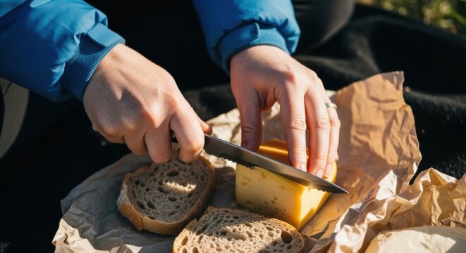 Person slicing cheese for an outdoor meal. Preparing a simple rustic snack on a picnic blanket. Al fresco dining and adventure travel lifestyle. Healthy eating during a nature hike