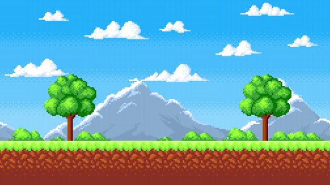 Pixel moving game landscape with ground, grass, trees, mountains, sky and clouds. Looped pixelated background for retro 8 bit game or app. 4K video