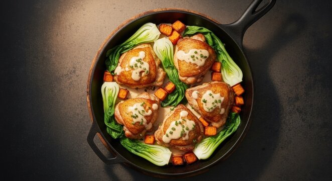 Gourmet roasted chicken thighs in a cast iron skillet. Healthy one pan dinner with bok choy and sweet potatoes. Rustic culinary presentation for a restaurant menu or food blog