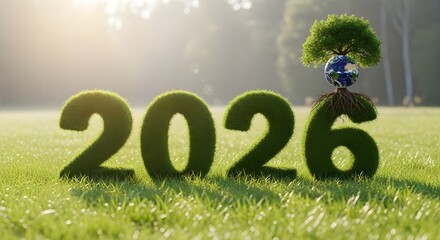 Green moss covered numbers spelling out the year 2026 with a small tree growing from the number six in a sunny park setting