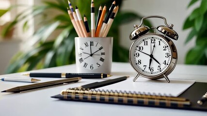 Elegant desktop arrangement with vintage alarm clock, creative pencils, clean notebook, and modern stationery on a bright organized workspace