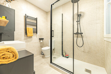 A practical renovation of a compact bathroom with a walk-in shower and linear drainage system,...