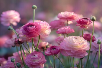 Obraz premium Vibrant Ranunculus Flowers Bloom in a Garden at Sunset With Soft Pink and Purple Hues