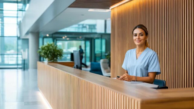 Smiling woman in medical uniform welcomes visitors at a contemporary hospital reception area, exuding warmth and professionalism. Modern healthcare facility with stylish interior design