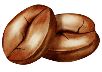 Watercolor illustration of coffee beans. Coffee bean set. A set of watercolor illustrations for coffee shops, cafes, packaging, menus, and product design.