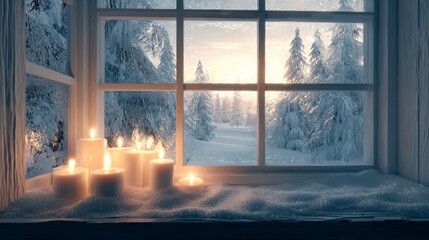 Serene Winter Scene Through a Frosted Window with Soft Candlelight Illuminating the Cozy Interior and a Snowy Landscape Outside