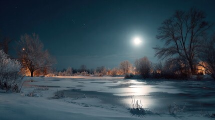 A snowy night with a full moon illuminating a frozen pond