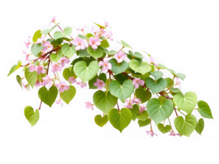 Delicate Pink Flowers and Heart-Shaped Leaves on a White Background.