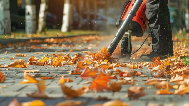 A person using a leaf blower to clear autumn leaves from a sidewalk. The scene shows scattered orange and yellow leaves on the ground.
