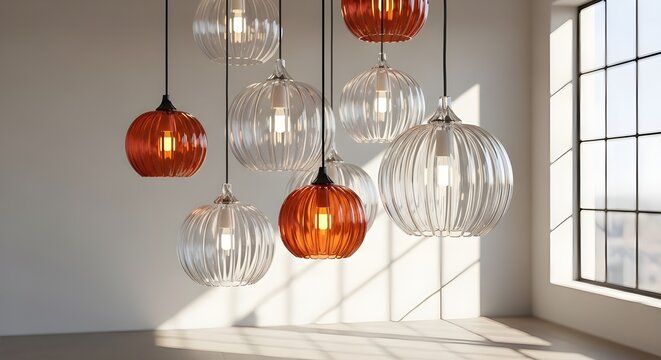 Modern chandelier with clear and amber glass pendant lights hanging in a bright room with large window - Powered by Adobe