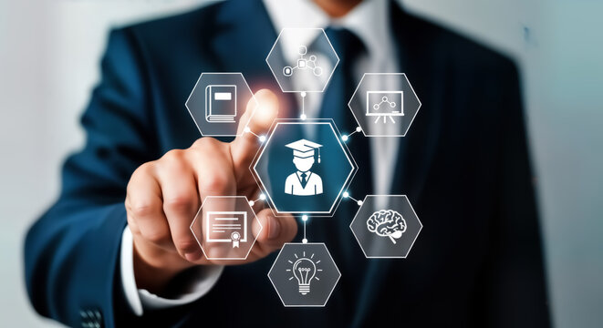 A businessman is touching a digital screen with icons representing education, knowledge, learning, and personal development, highlighting the importance of lifelong learning and skills improvement
