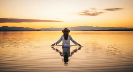 Woman in a hat standing in calm lake water at golden sunset. Serene travel lifestyle concept for wellness and mindfulness. Personal growth and spiritual retreat in nature