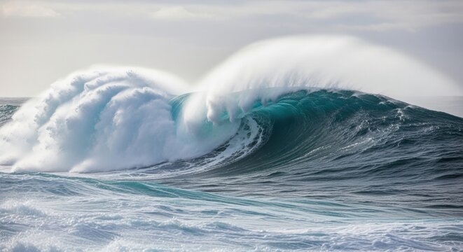 Massive ocean wave breaking in a powerful swell. The raw force of nature and untamed energy. A metaphor for challenge risk and opportunity. Dramatic seascape with turbulent sea