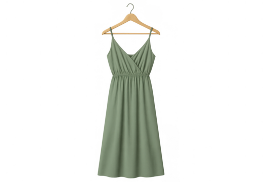 Green sundress with v-neckline hanging on wooden hanger, elegant summer fashion garment mockup on transparent background
