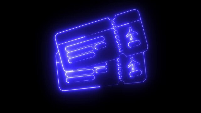 Abstract Glowing Neon Airplane Ticket Icon animation on black background. Animated hand selecting flight tickets from a digital travel booking interface. 4k motion graphics animation .