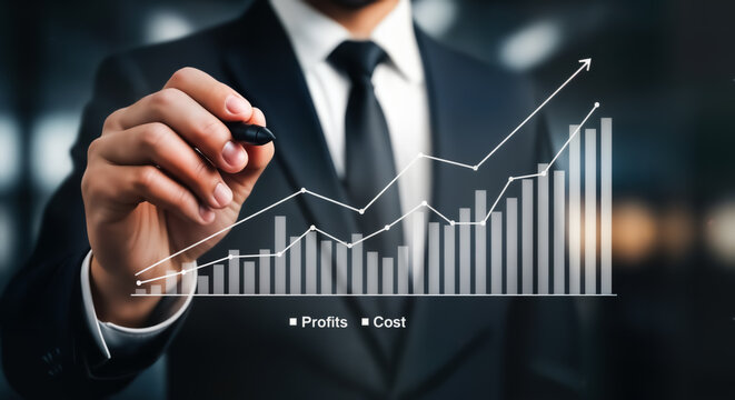A businessman in a suit is drawing a virtual graph with a pen, illustrating the concept of business growth, profit, and cost analysis in a modern and dynamic way