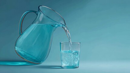 Sleek turquoise water filter pitcher pouring clear filtered water into glass with soft studio lighting and modern clean design