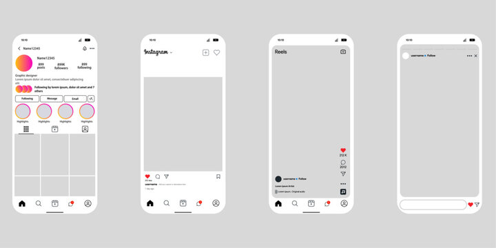 Instagram UI Kit: Profile, Feed, Reels & DM Mockups,
Download this comprehensive vector Instagram UI kit featuring four screens: Profile, Feed Post, Reels, and DM interface mockups. 