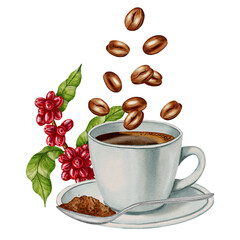 Watercolor coffee cup with coffee beans. Coffee cherries. Espresso. Illustrations for coffee shops, cafes, packaging, menus, and product design.