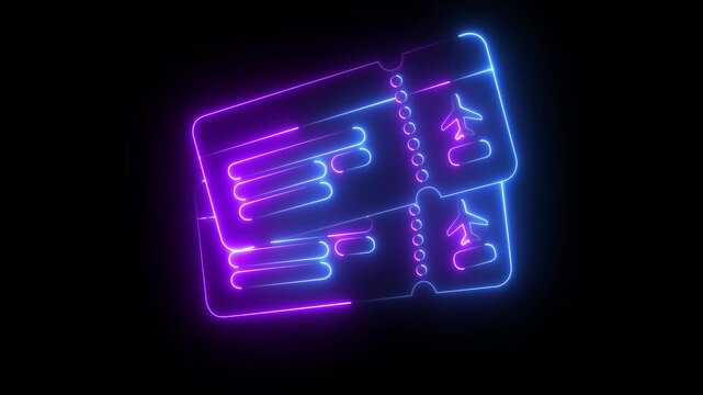 Abstract Glowing Neon Airplane Ticket Icon animation on black background. Animated hand selecting flight tickets from a digital travel booking interface. 4k motion graphics animation .