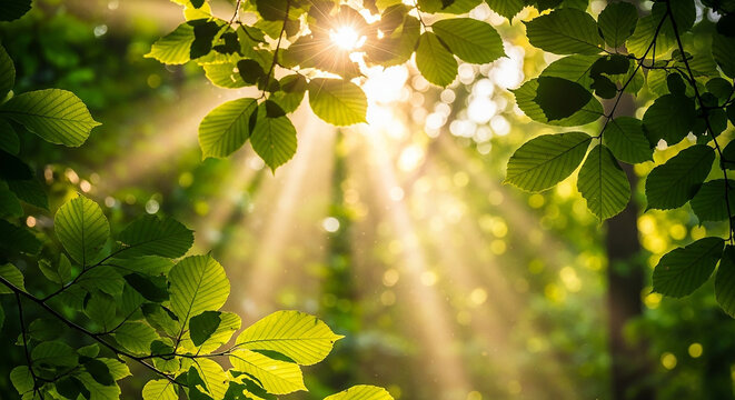 Sunbeams shining through green leaves in a forest canopy sunlight sun rays - Powered by Adobe